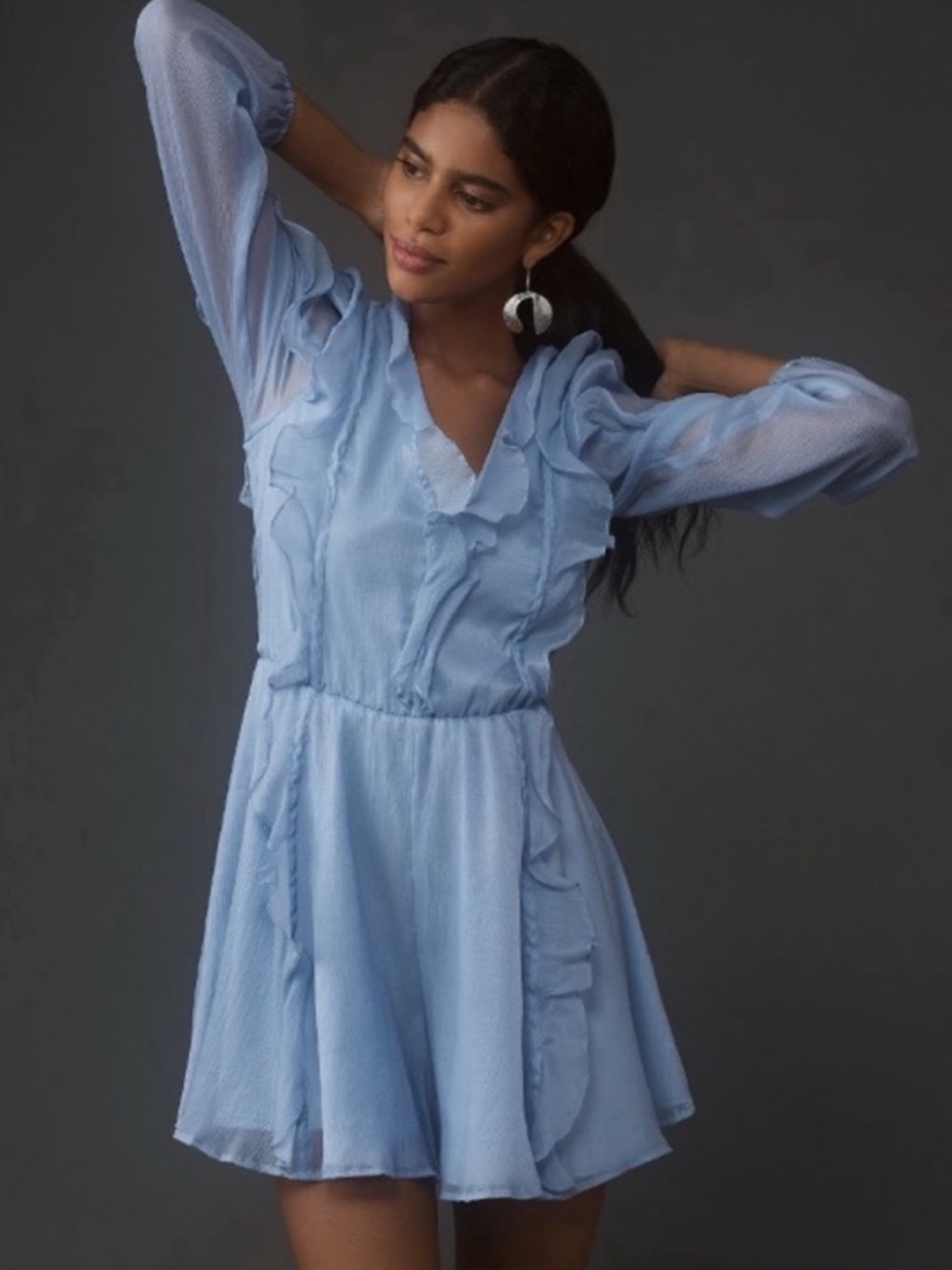 NEW Anthropologie Hutch Long-Sleeve Frilled Sky blue Romper L